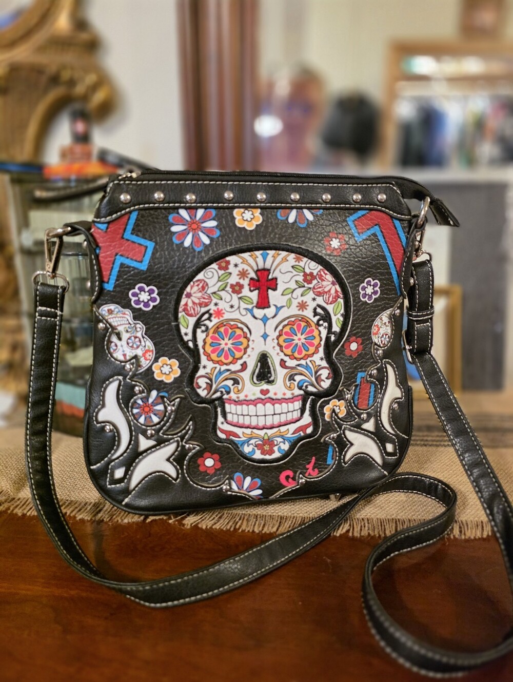 COWGIRL TRENDY SUGAR SKULLS CONCEALED CARRY HANDBAG GOTH BAG FASHION BLACK